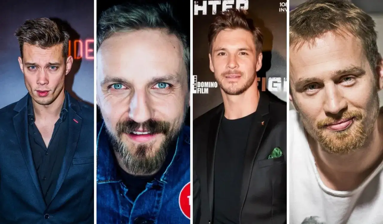 Czterech przystojnych polskich aktorów mężczyzn: Sebastian Fabijański, Michał Żurawski, Tomasz Schuchardt i Mateusz Banasiuk.