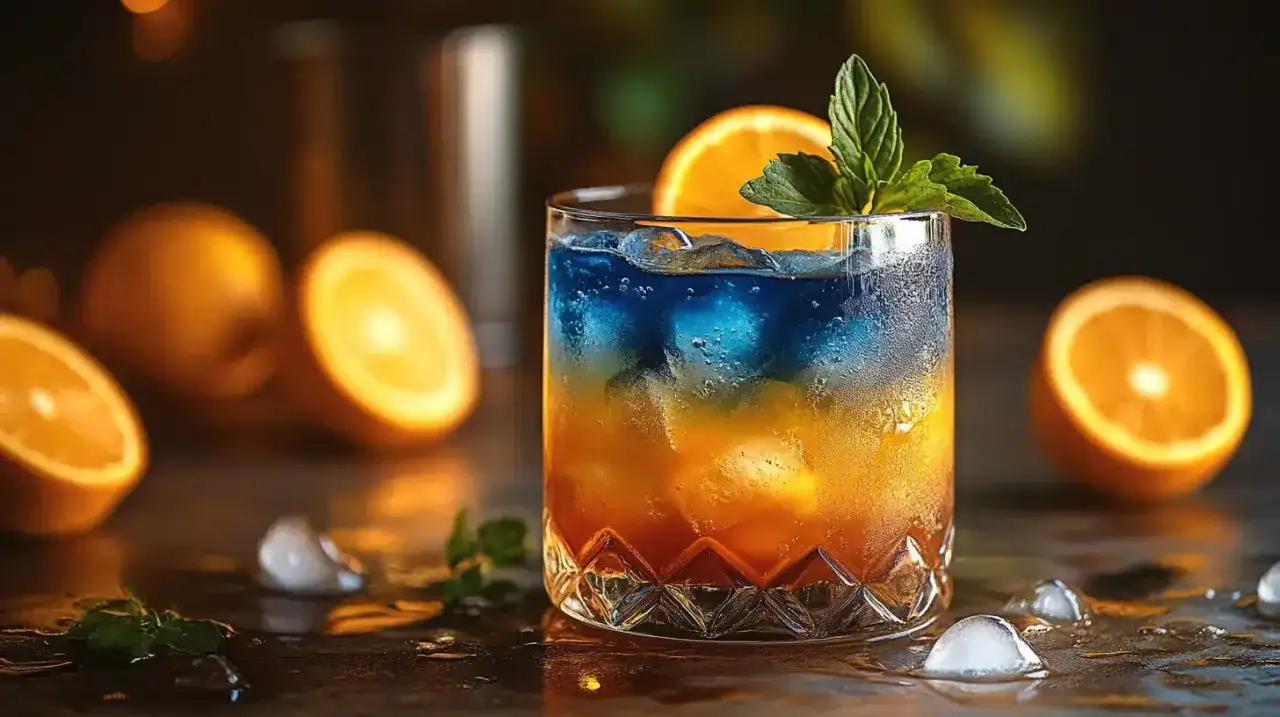 Niebieski alkohol w szklance, z pomarańczą i miętą, otoczony kostkami lodu i połówkami pomarańczy.