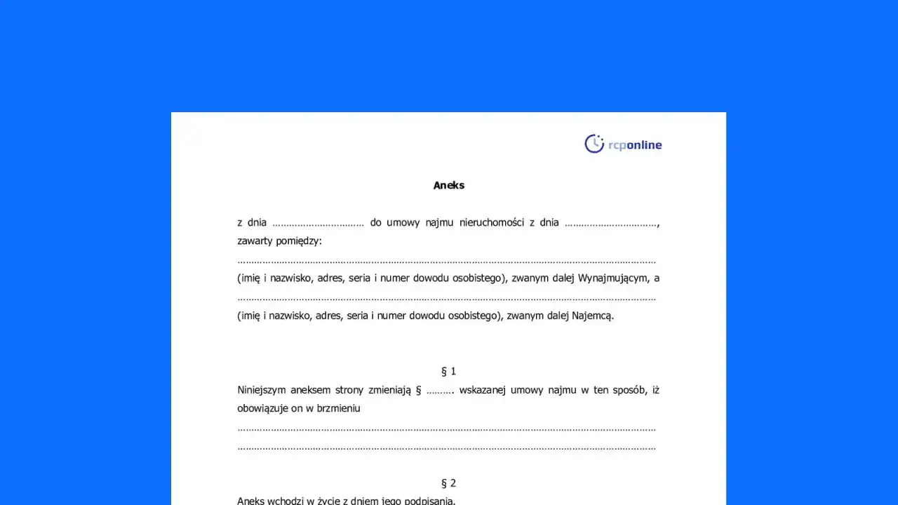 Aneks do umowy najmu nieruchomości. Dokument określa warunki dzierżawy i dane stron umowy.