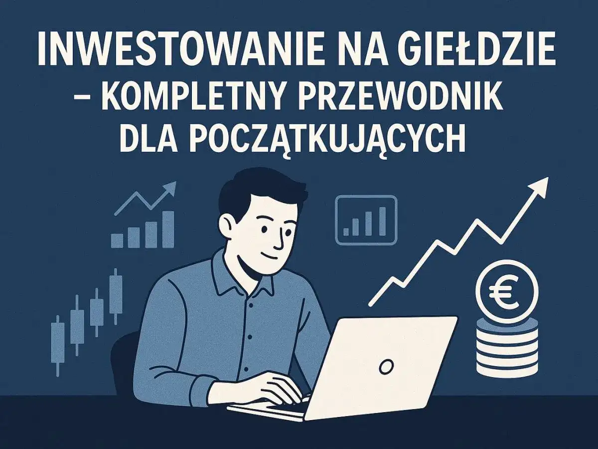 Mężczyzna uczy się, w co inwestować pieniądze, korzystając z przewodnika po giełdzie. Wykresy i monety euro symbolizują wzrost kapitału.