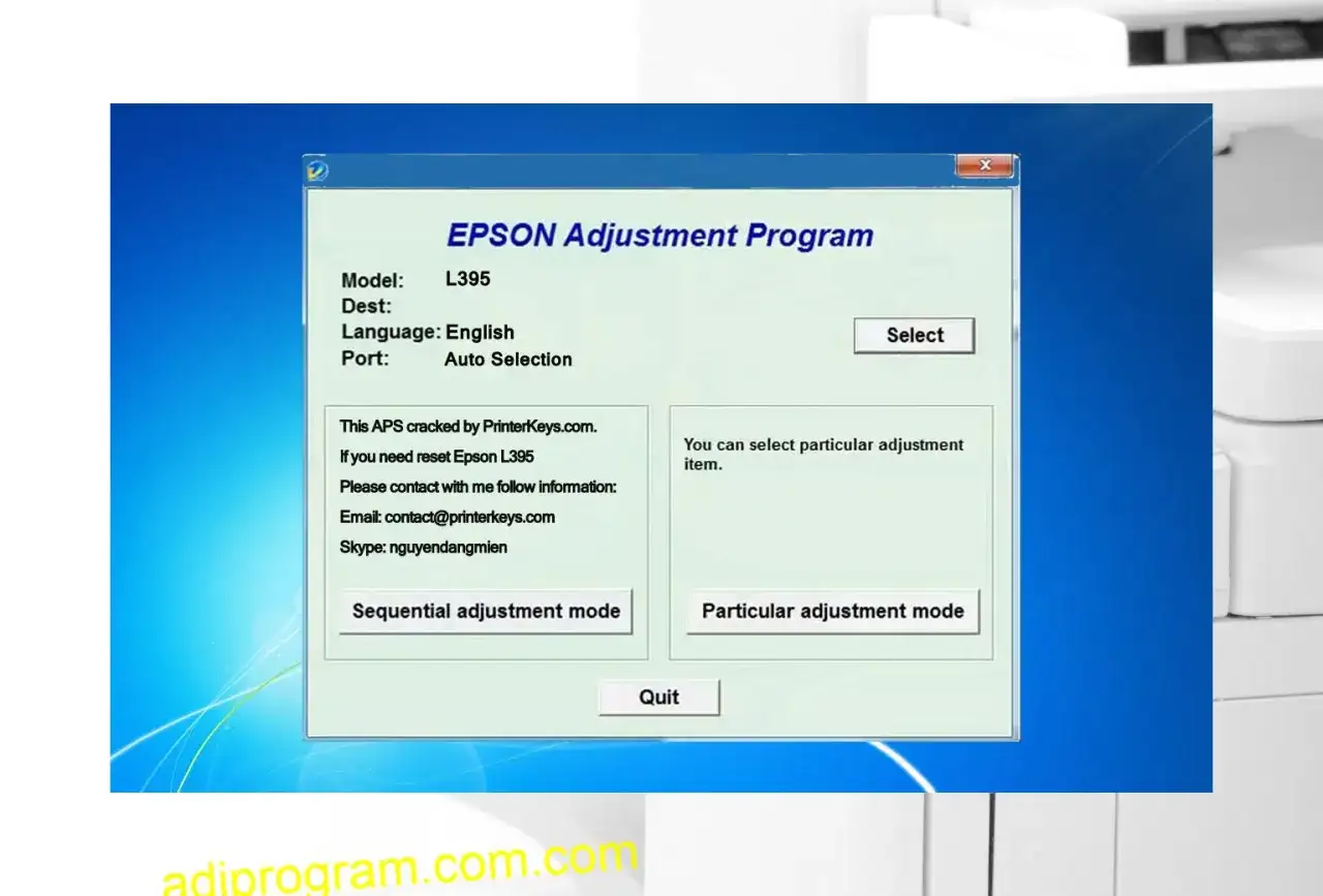 Program EPSON Adjustment Program dla modelu L395. Umożliwia reset i dostosowanie drukarki.