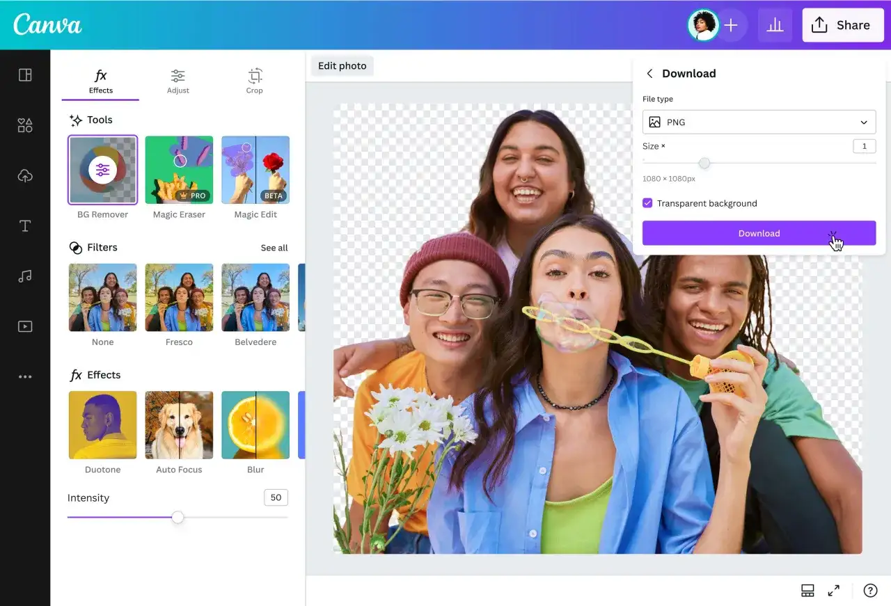 Jak usunąć tło ze zdjęcia? W Canva wybierz "BG Remover", zaznacz "Transparent background" i pobierz plik PNG.