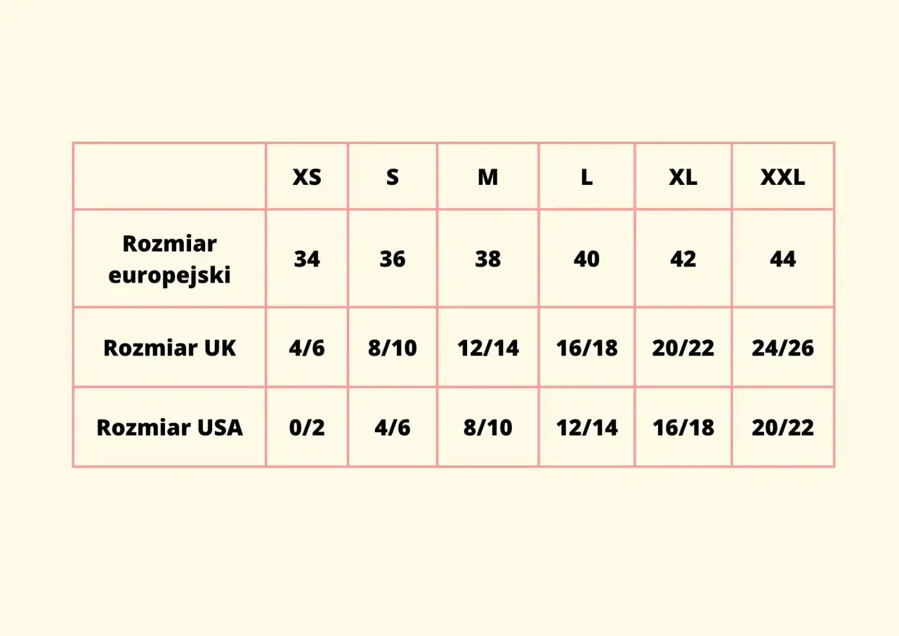 Tabela rozmiarów: europejski 38, UK 12/14, USA 8/10. Jaki to rozmiar? To M!