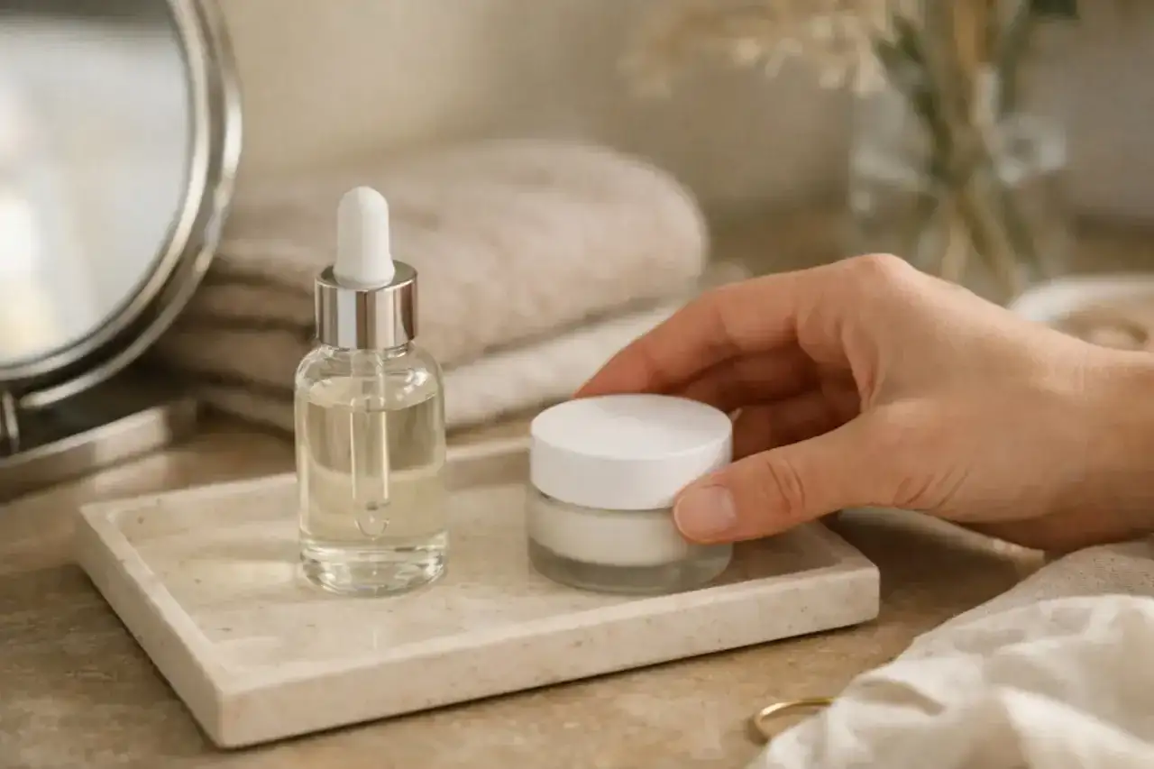 Dłoń sięga po krem, obok serum. Czy na serum trzeba nakładać krem? Pielęgnacja skóry w łazience.