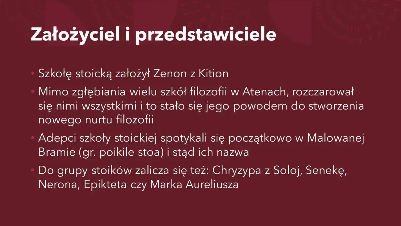 Zenon z Kition założył szkołę stoicką. W przeciwieństwie do epikureizmu, stoicyzm skupiał się na cnocie i rozumie.