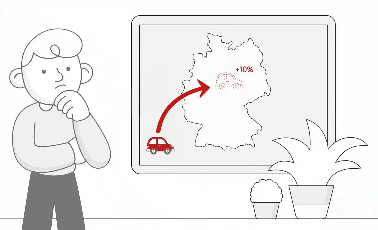 Zamyślony człowiek patrzy na mapę Niemiec z czerwoną strzałką wskazującą na wzrost akcyzy o 10% na samochody.