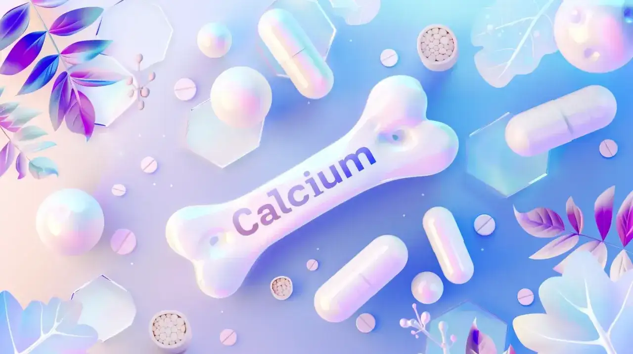 Biała kość z napisem "Calcium", tabletki, kapsułki i ozdobne liście na pastelowym tle.