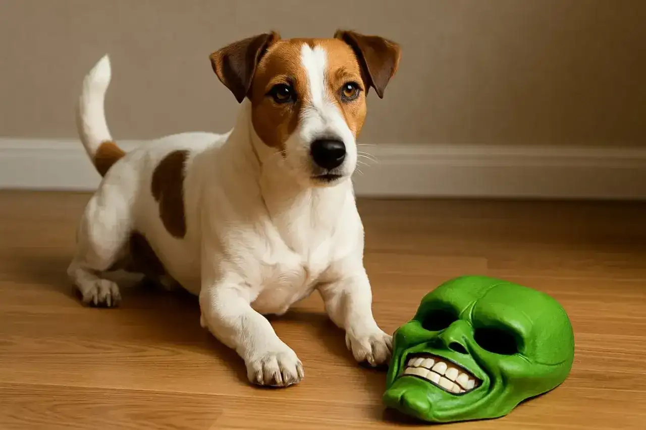 Jack Russell terrier obok zielonej maski z filmu "Maska". Pies z maski rasa, gotowy do zabawy.