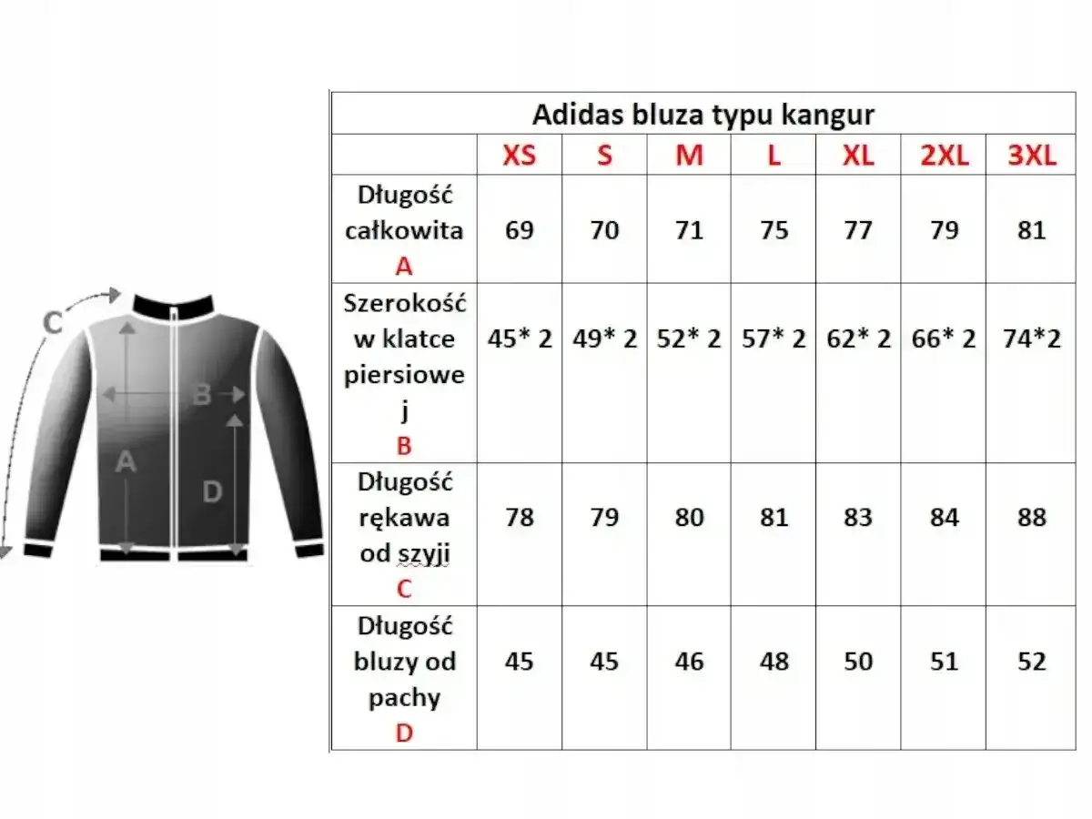 Tabela rozmiarów bluzy Adidas kangur. Długość bluzy od pachy dla rozmiaru 52 męski wynosi 52 cm.