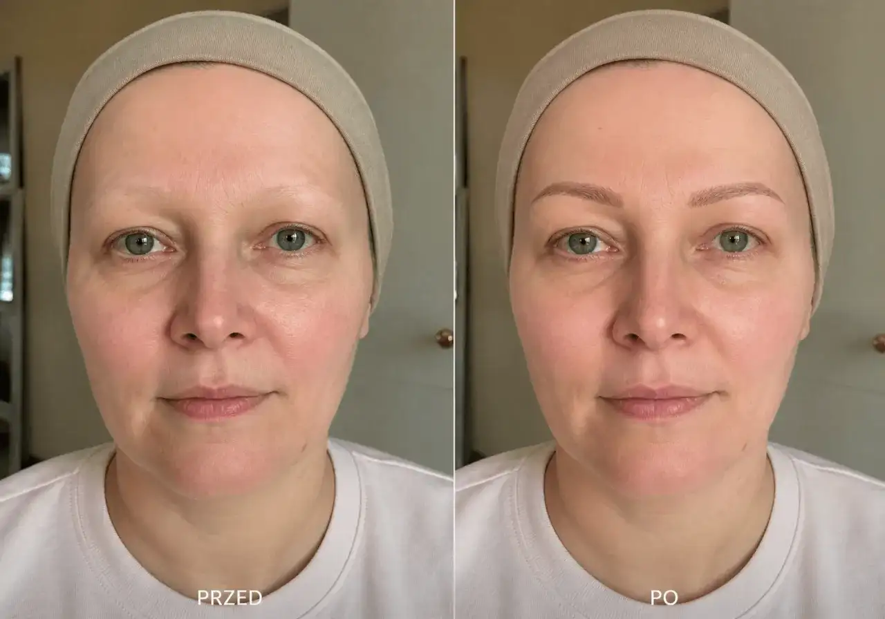 Przed i po: odzyskanie naturalnego wyglądu brwi po chemioterapii. Kobieta z delikatnie zaznaczonymi brwiami.