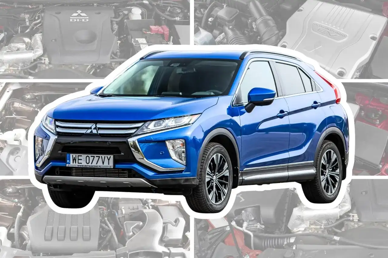 Niebieski Mitsubishi Eclipse Cross z bliska, z widokiem na silnik i detale nadwozia.