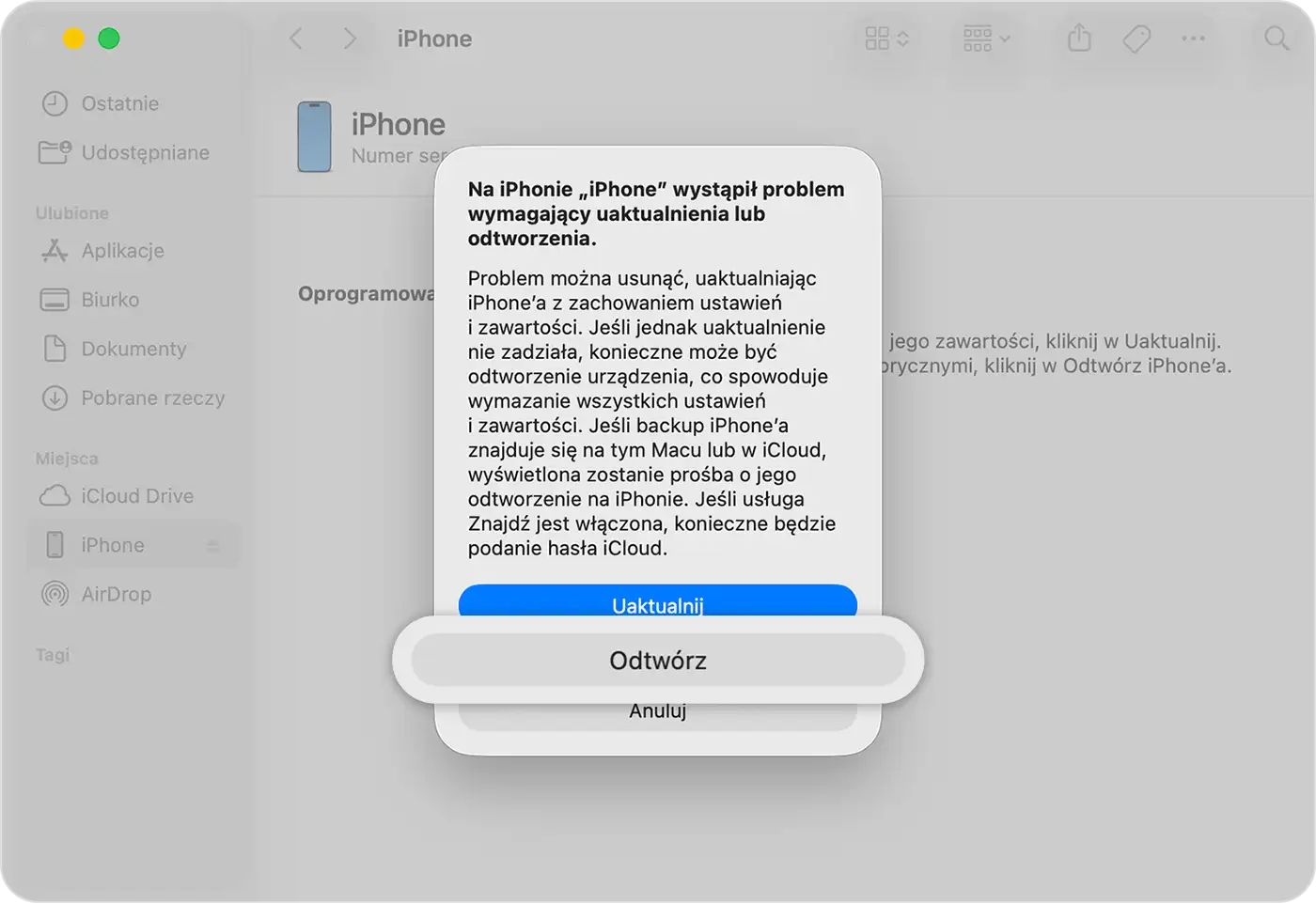 Na iPhonie „iPhone" wystąpił problem wymagający uaktualnienia lub odtworzenia. Połącz z iTunes, aby rozwiązać problem.
