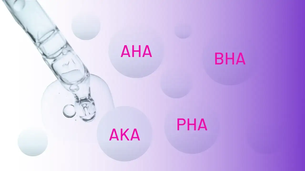 Kropla serum z pipety, a w tle kule z napisami AHA, BHA, AKA, PHA.