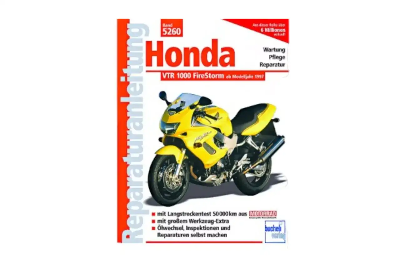 Żółty motocykl Honda VTR 1000 Firestorm na okładce instrukcji napraw.