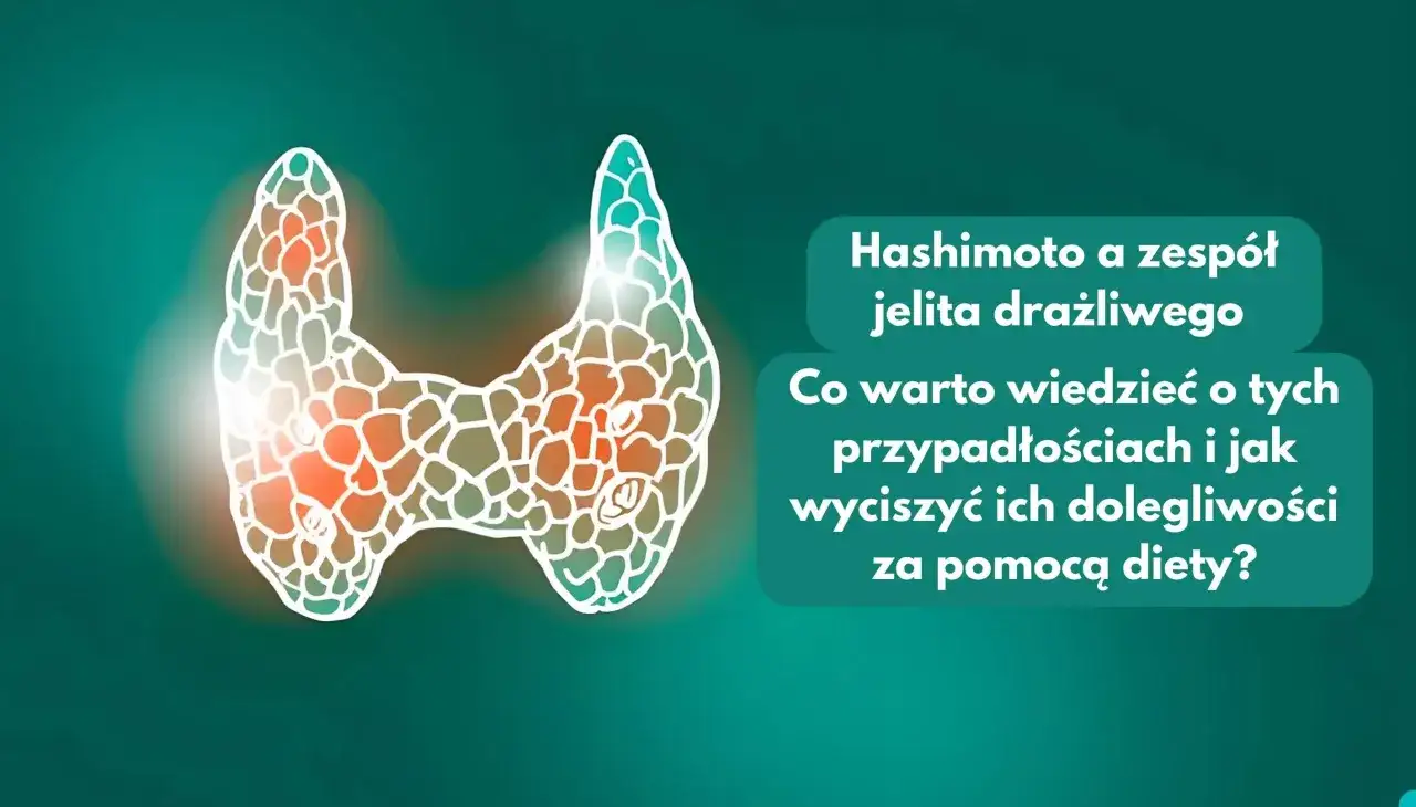 Grafika przedstawia tarczycę, sugerując związek między Hashimoto a zespołem jelita drażliwego.