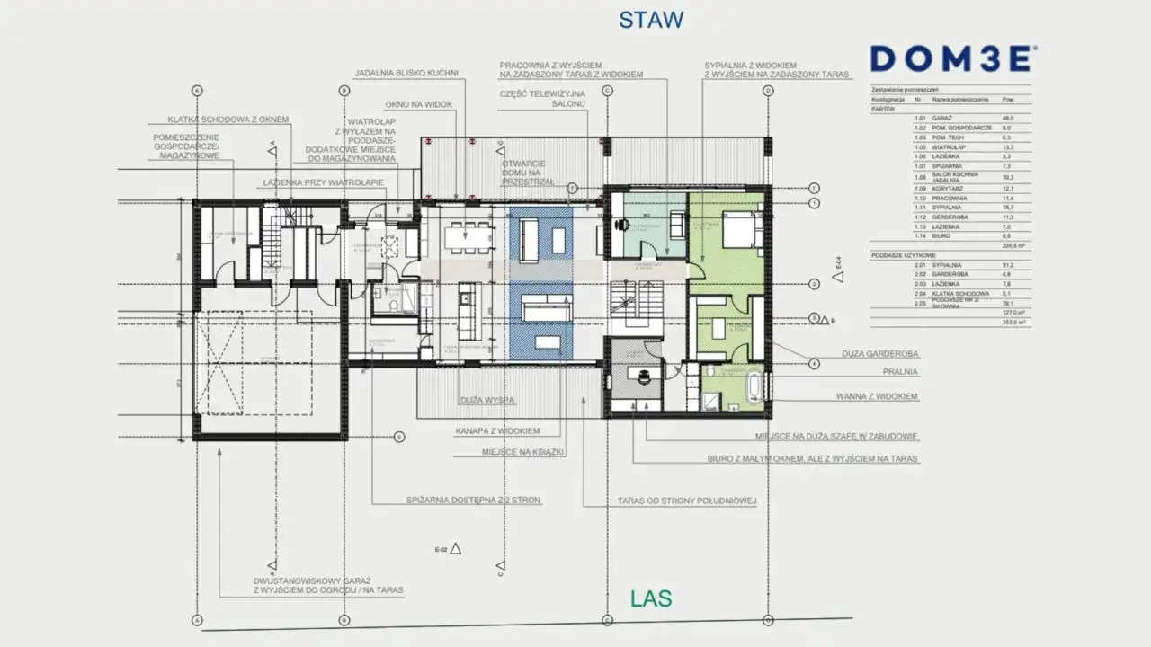 Projekt architektoniczno budowlany domu z tarasem i ogrodem. Widok piętra z pokojami i łazienkami.