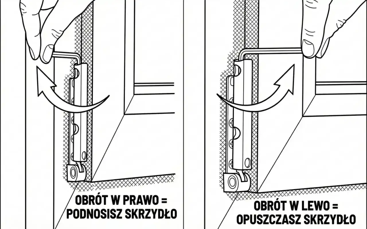 Instrukcja regulacji okien na zimę: obrót kluczem w prawo podnosi skrzydło, w lewo opuszcza.