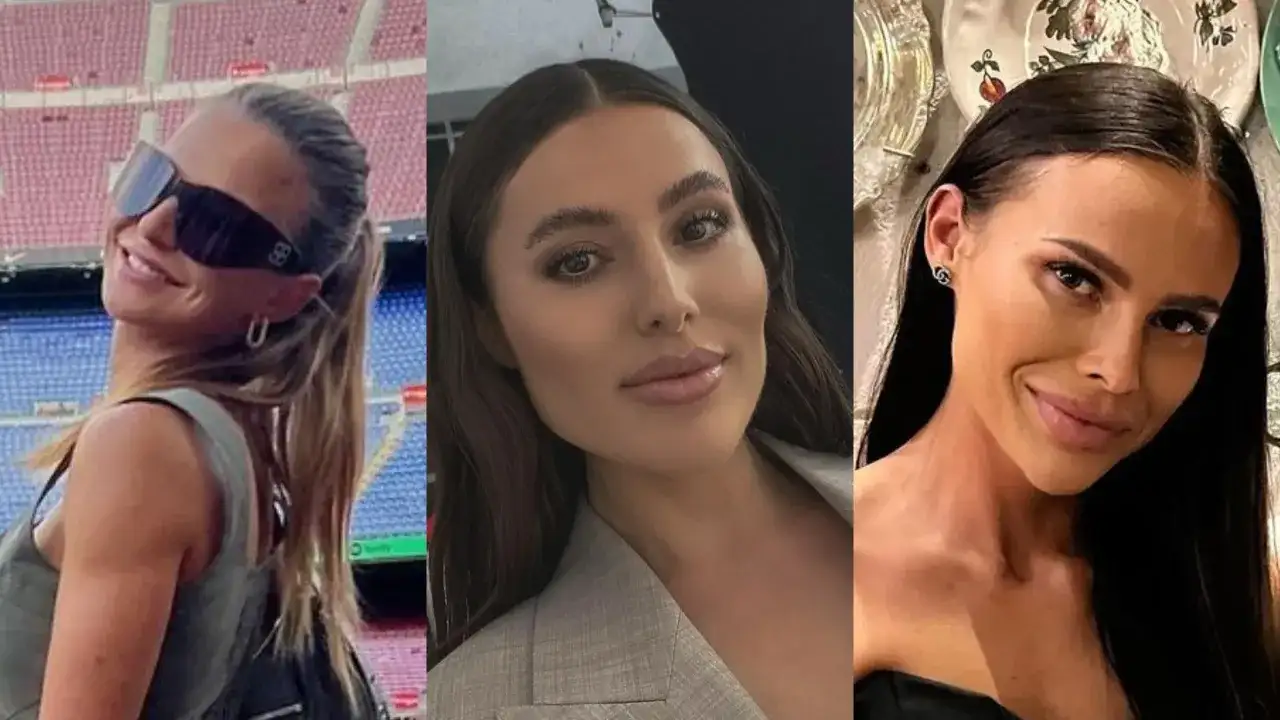 Trzy uśmiechnięte polskie WAGs: jedna w okularach przeciwsłonecznych na tle stadionu, druga w marynarce, trzecia z biżuterią.