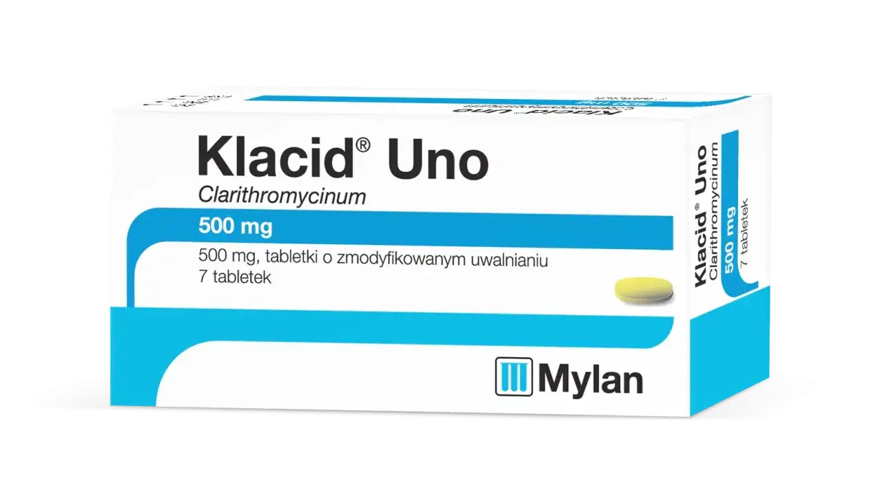 Opakowanie leku Klacid Uno 500 mg, zawierające 7 tabletek o zmodyfikowanym uwalnianiu.