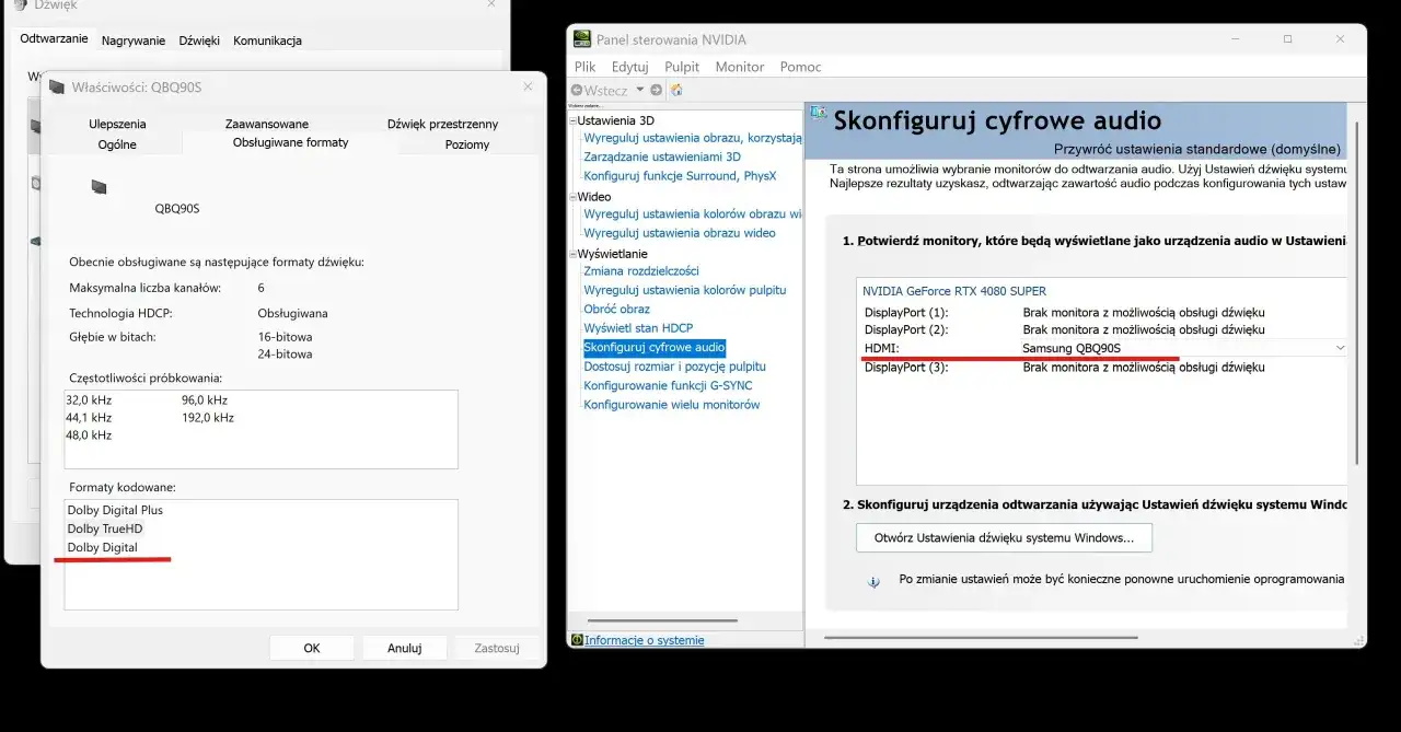 Ustawienia dźwięku w panelu sterowania NVIDIA pokazują monitor Samsung QBQ90S jako urządzenie audio.