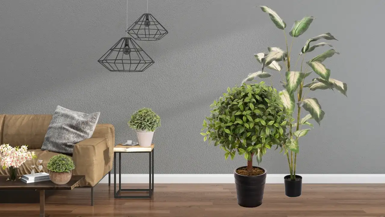 Eleganckie sztuczne kwiaty doniczkowe dodają życia nowoczesnemu salonowi z brązową kanapą i geometrycznymi lampami.