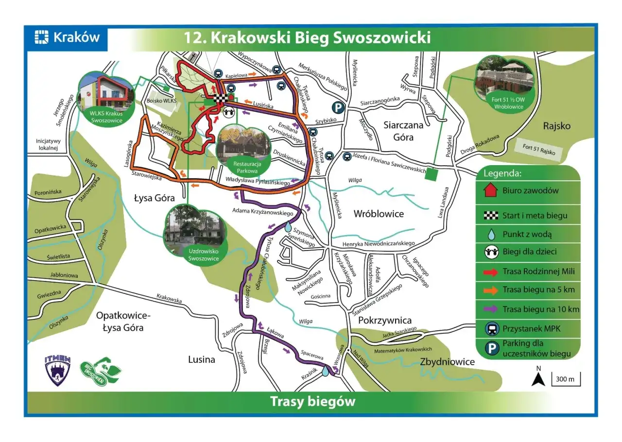 Mapa tras 12. Krakowskiego Biegu Swoszowickiego. Pokazuje dojazd do Swoszowic, punkty startu i mety, punkty z wodą, parkingi i przystanki MPK.
