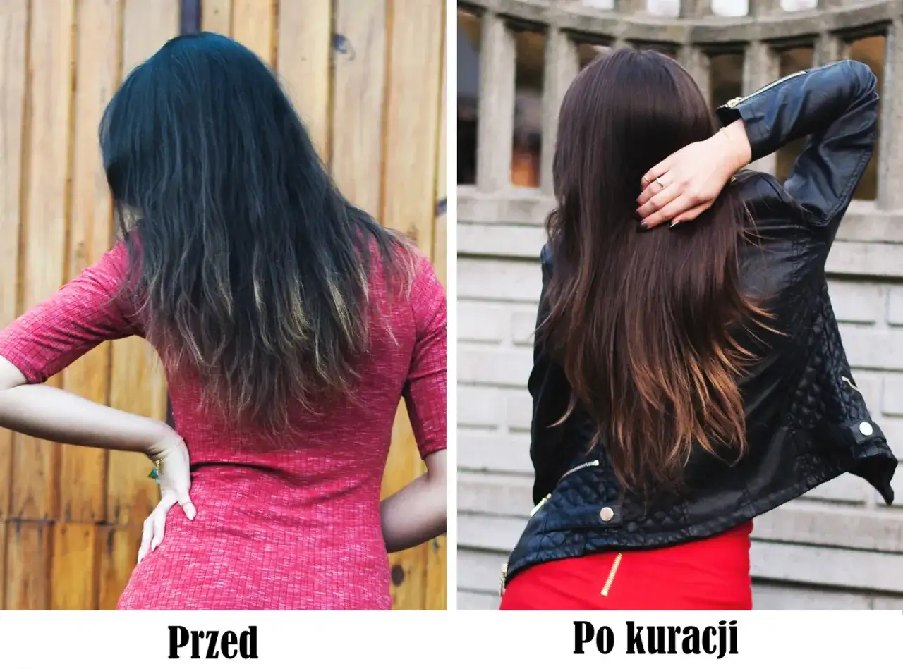 Przed i po kuracji: włosy ciemne, matowe, zniszczone, bez połysku. Po kuracji: włosy lśniące, zdrowe, z pięknym kolorem. Brak informacji o hairvity efekty uboczne.