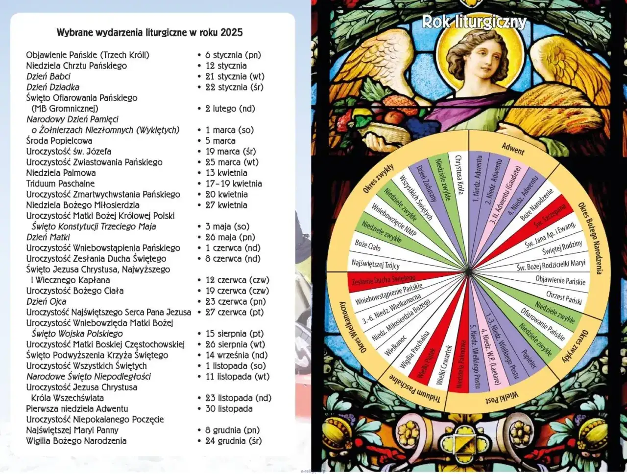 Kalendarz liturgiczny na 2025 rok, z datami ważnych świąt i uroczystości, jak 29 stycznia.