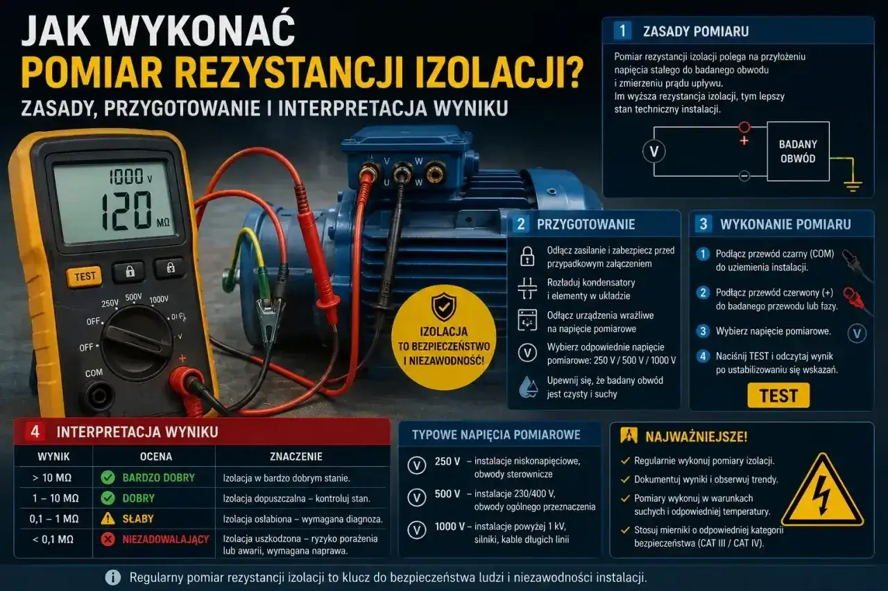 Multimetr mierzy rezystancję izolacji silnika elektrycznego. Wynik 120 MΩ wskazuje na dobrą izolację.