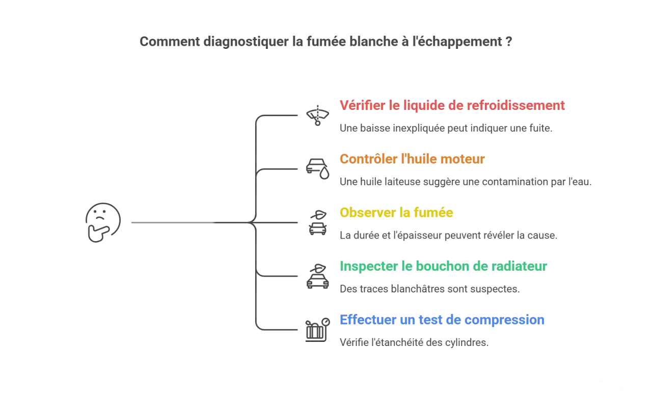 Diagnostic de la fumée blanche à l'échappement : vérifier le liquide, l'huile, observer la fumée, inspecter le bouchon et tester la compression.