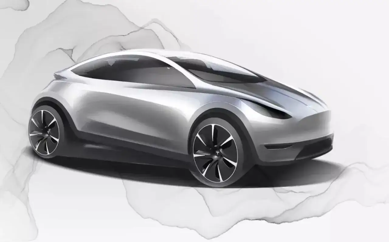 Srebrny szkic Tesli Model 2, futurystyczny samochód elektryczny z aerodynamiczną sylwetką i stylowymi felgami.