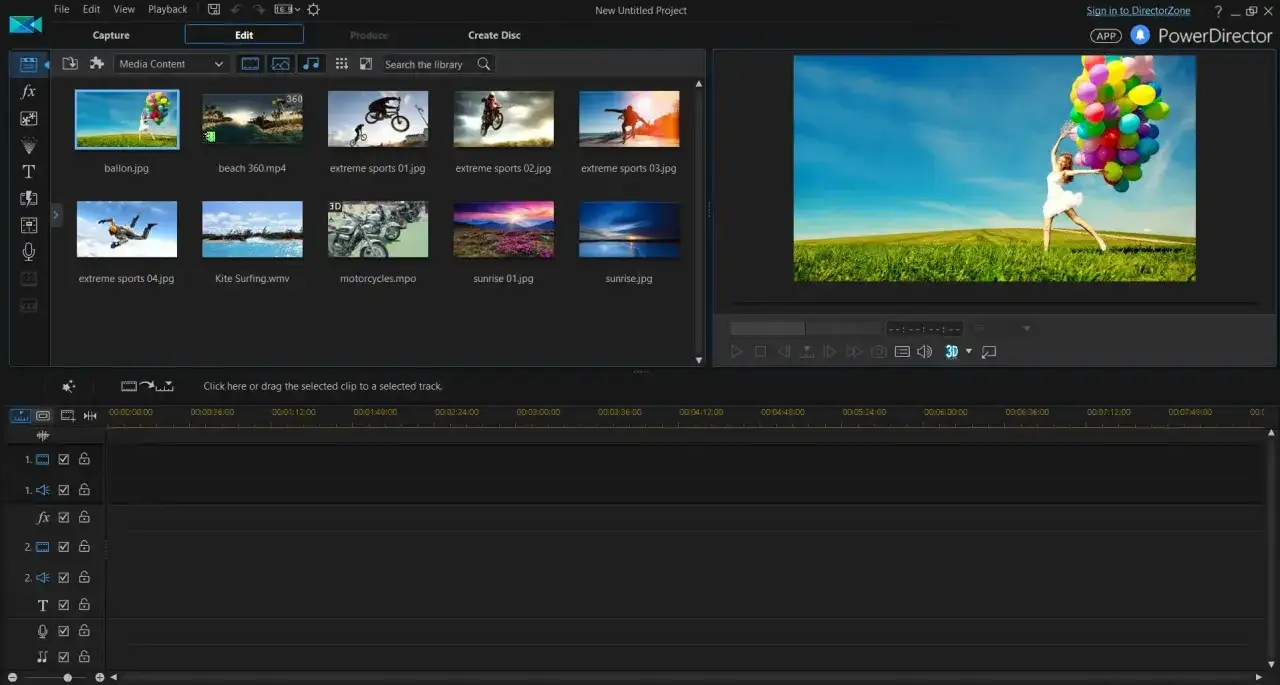 Interfejs programu PowerDirector z widokiem biblioteki multimediów i podglądem wideo. Użytkownik przygotowuje projekt, wybierając klipy.