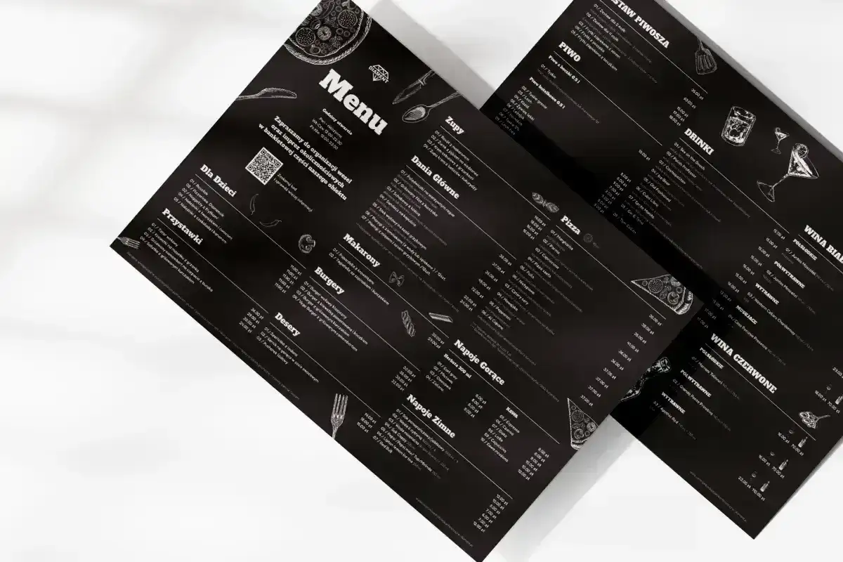 Menu z czarnym tłem, prezentujące ofertę a la carte. Widoczne sekcje: Zupy, Dania Główne, Makaron, Burgery, Desery, Napoje Gorące, Napoje Zimne, Pizza, Piwo, Drink, Wina.