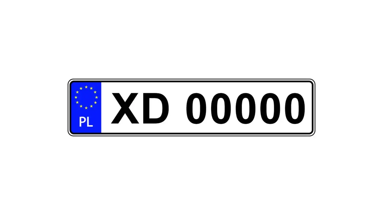 Tablica rejestracyjna z oznaczeniem PL i numerem XD 00000.