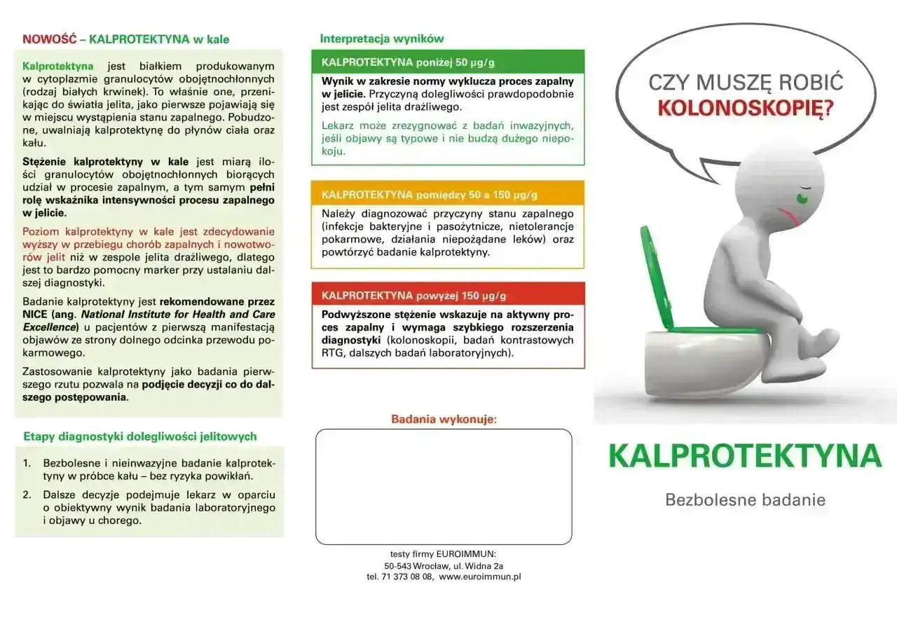 Badanie kału na kalprotektynę. Wyniki interpretowane w kontekście zapalenia jelit, kolonoskopii i zespołu jelita drażliwego.