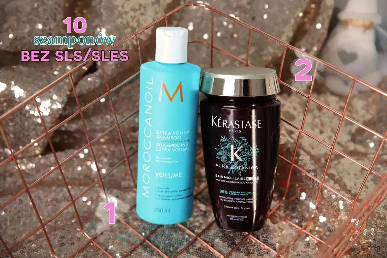 Dwa szampony bez silikonów: Moroccanoil Volume i Kérastase Aura Botanica. Idealne dla włosów potrzebujących delikatnej pielęgnacji.