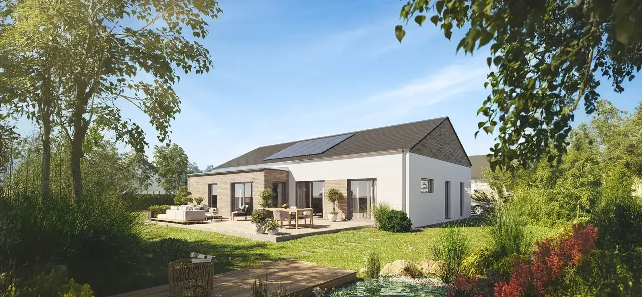 Moderner Bungalow mit Solaranlage und Terrasse im Grünen. Hier erfahren Sie, was kostet ein Bungalow dieser Art.
