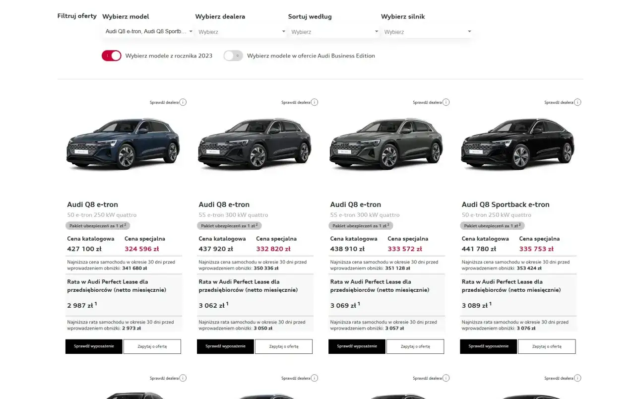 Audi Q8 e-tron i Sportback e-tron w różnych wersjach silnikowych. Sprawdź aktualną audi q8 cena i raty leasingowe.