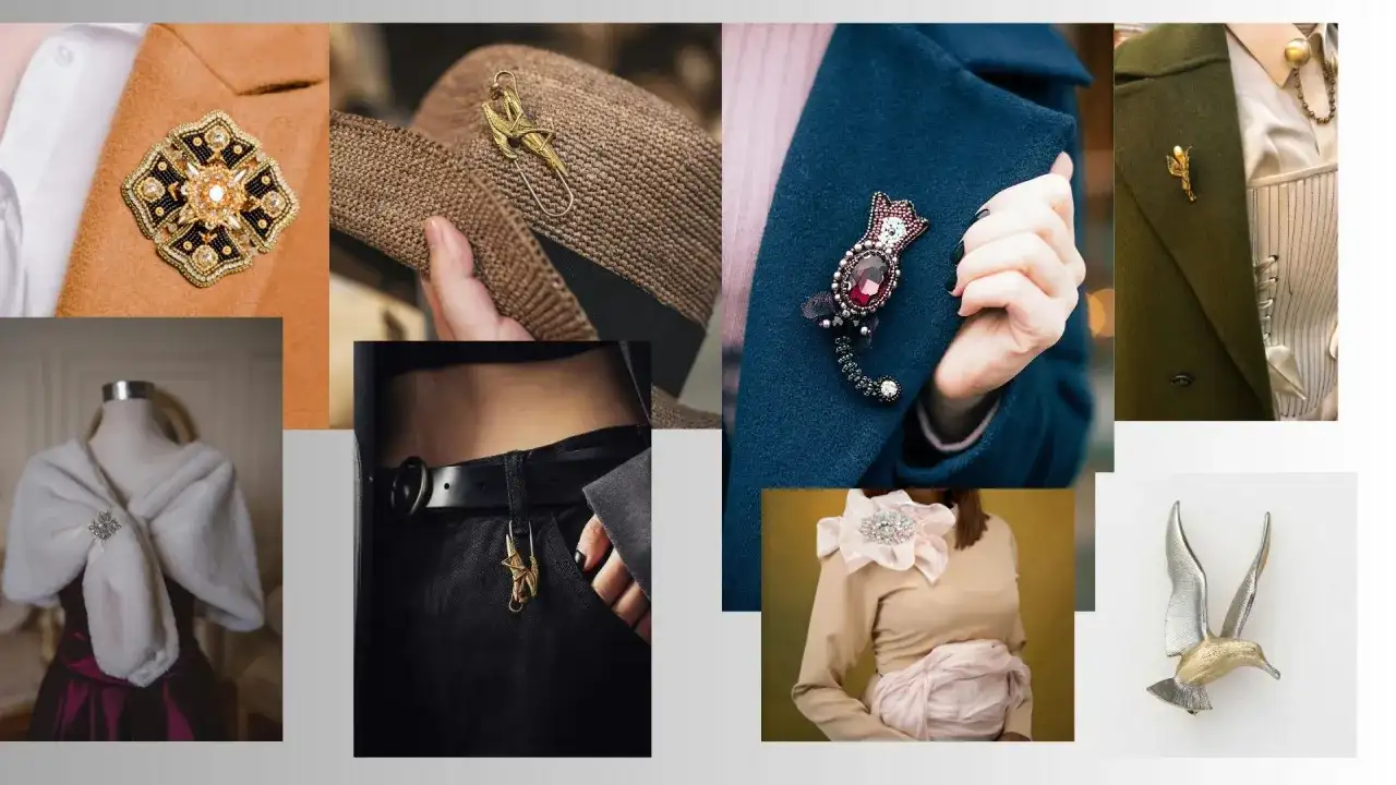 Eleganckie broszki i ozdoby podkreślające norweski styl ubioru.