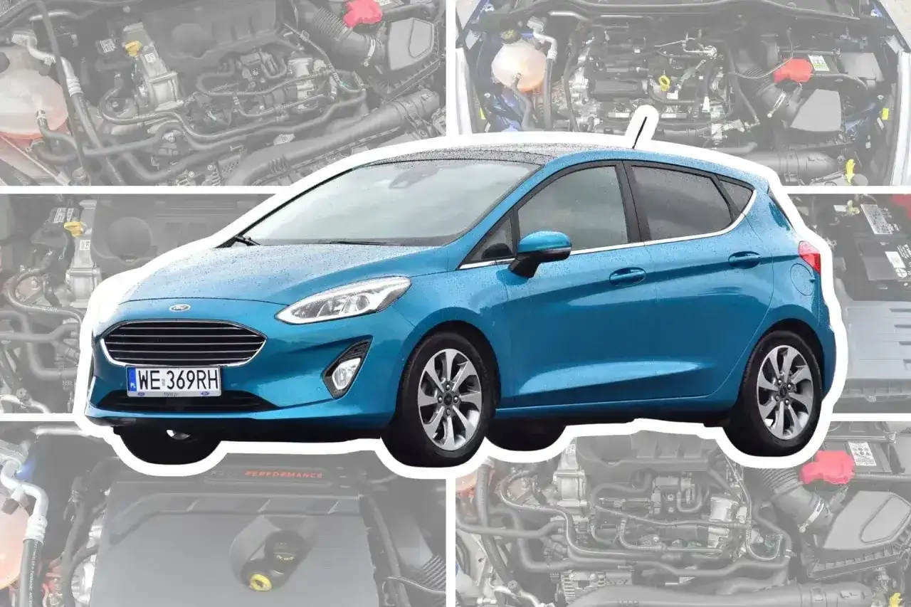 Niebieski Ford Fiesta MK7 1.25. W tle widać silnik, a pytanie brzmi: ford fiesta mk7 1.25 ile oleju?