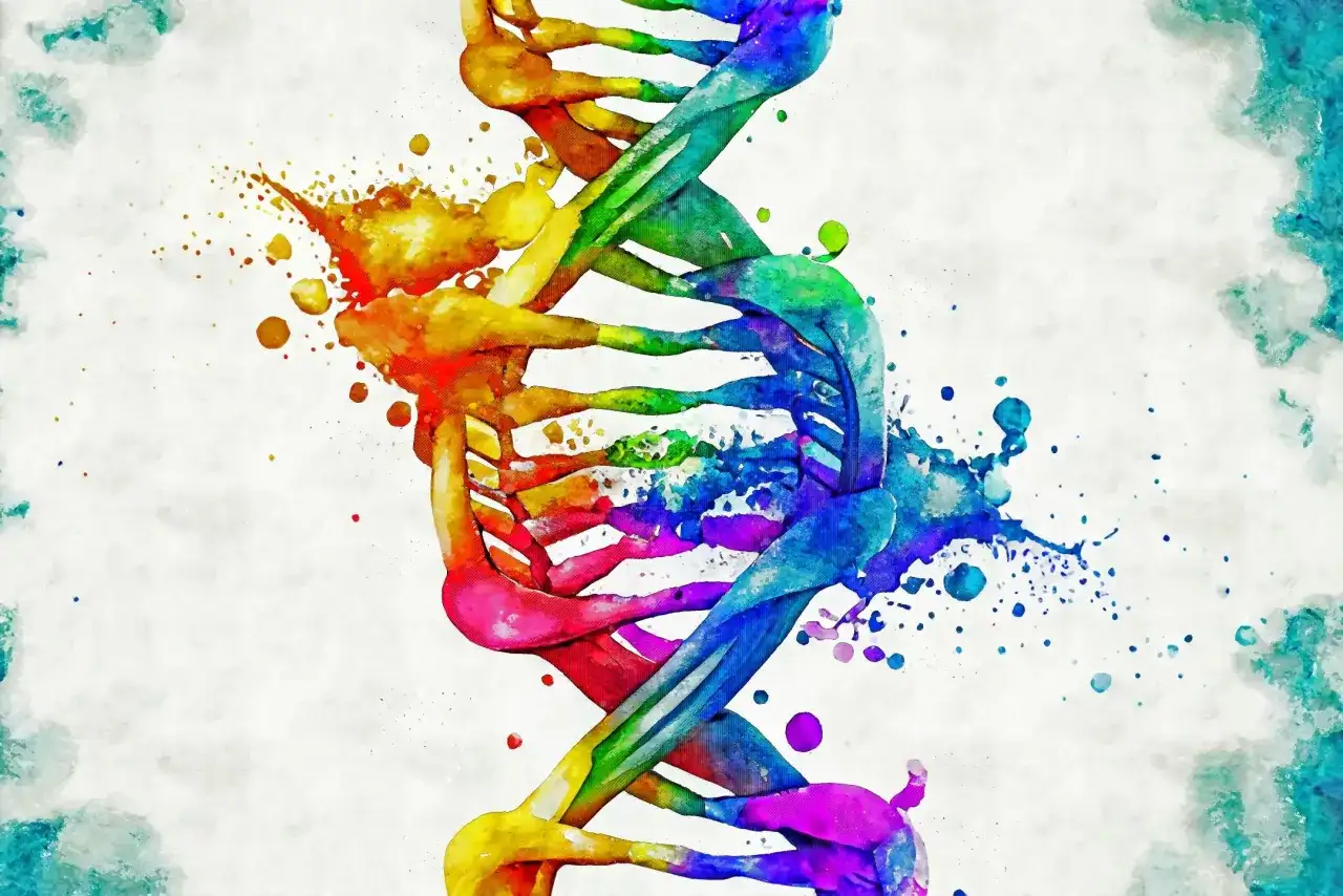 Kolorowa, akwarelowa podwójna helisa DNA, symbolizująca złożoność życia i potencjalne objawy u dorosłych.