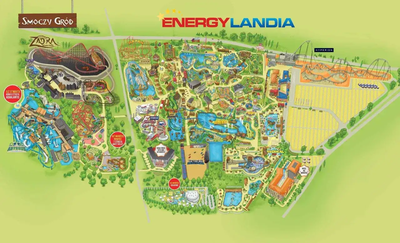 Mapa Energylandii z atrakcjami jak Smoczy Gród, Hyperion, Aqualantis. Idealna dla posiadaczy Karty Dużej Rodziny na niezapomniane rodzinne przygody.