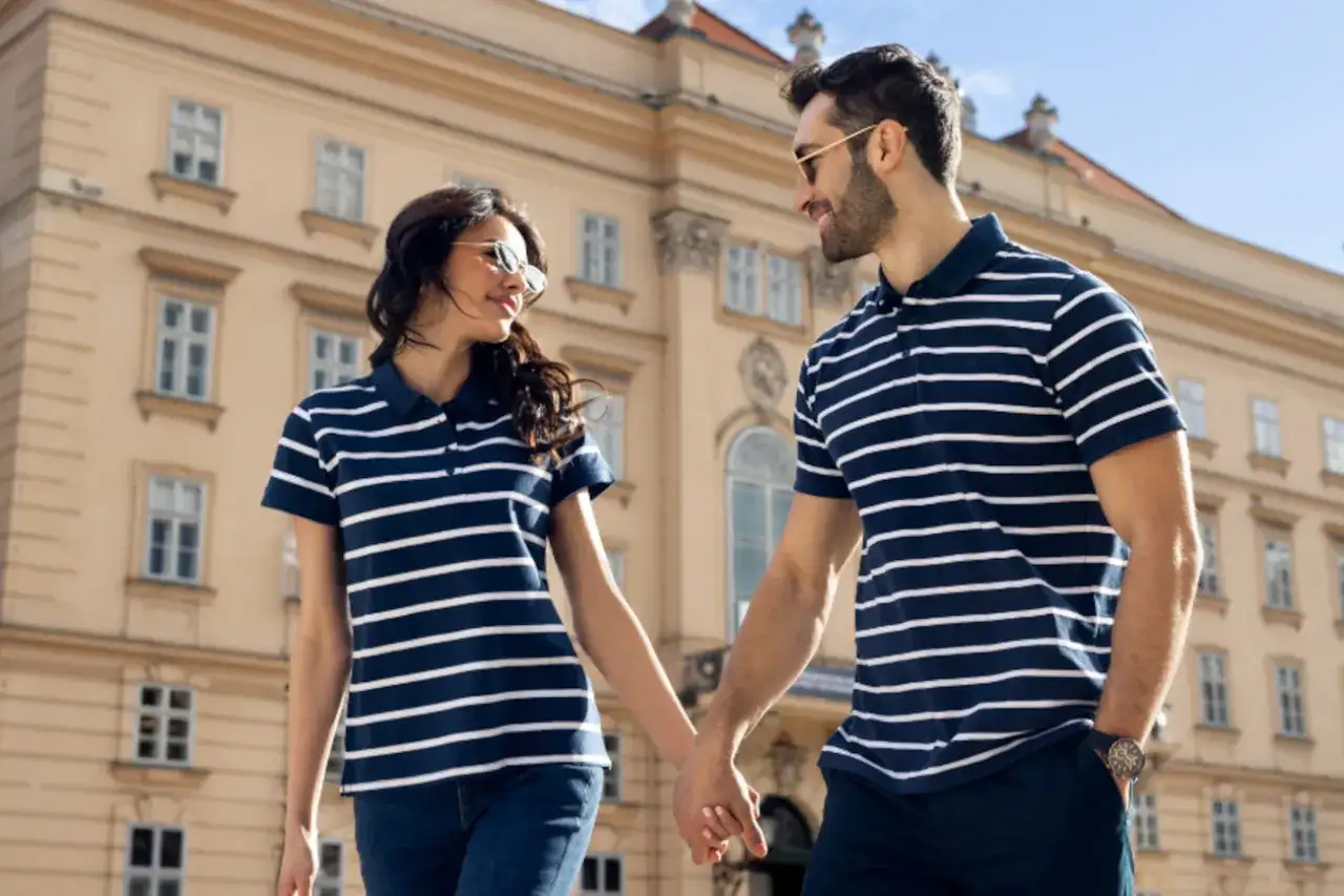 Para spaceru w koszulkach polo. Zobacz, jak nosić koszulka polo damska i męska w pasy, tworząc stylowy duet.