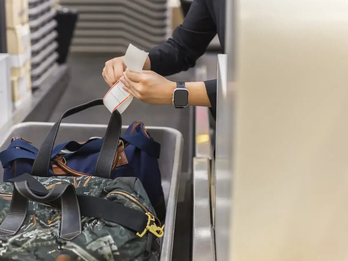 Przygotowanie nouvelair bagaż do kontroli. Ręce z etykietą nad torbami w tacce na lotnisku.