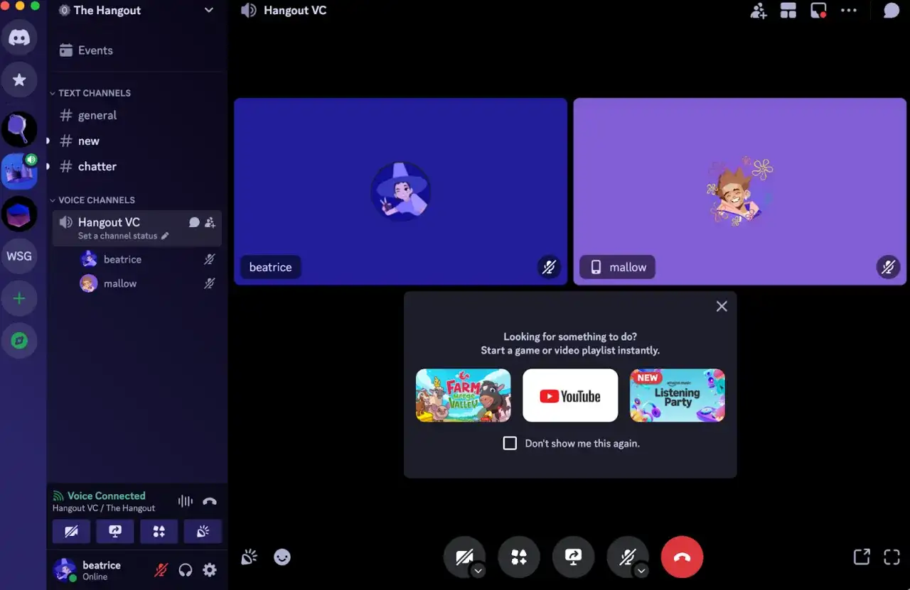 Discord w przeglądarce: beatrice i mallow rozmawiają na kanale głosowym "Hangout VC".
