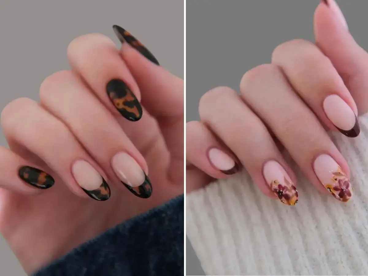 Dwa rodzaje manicure: jeden z wzorem imitującym żółwie, drugi z kwiatami. Oba w stylu brazowy french.