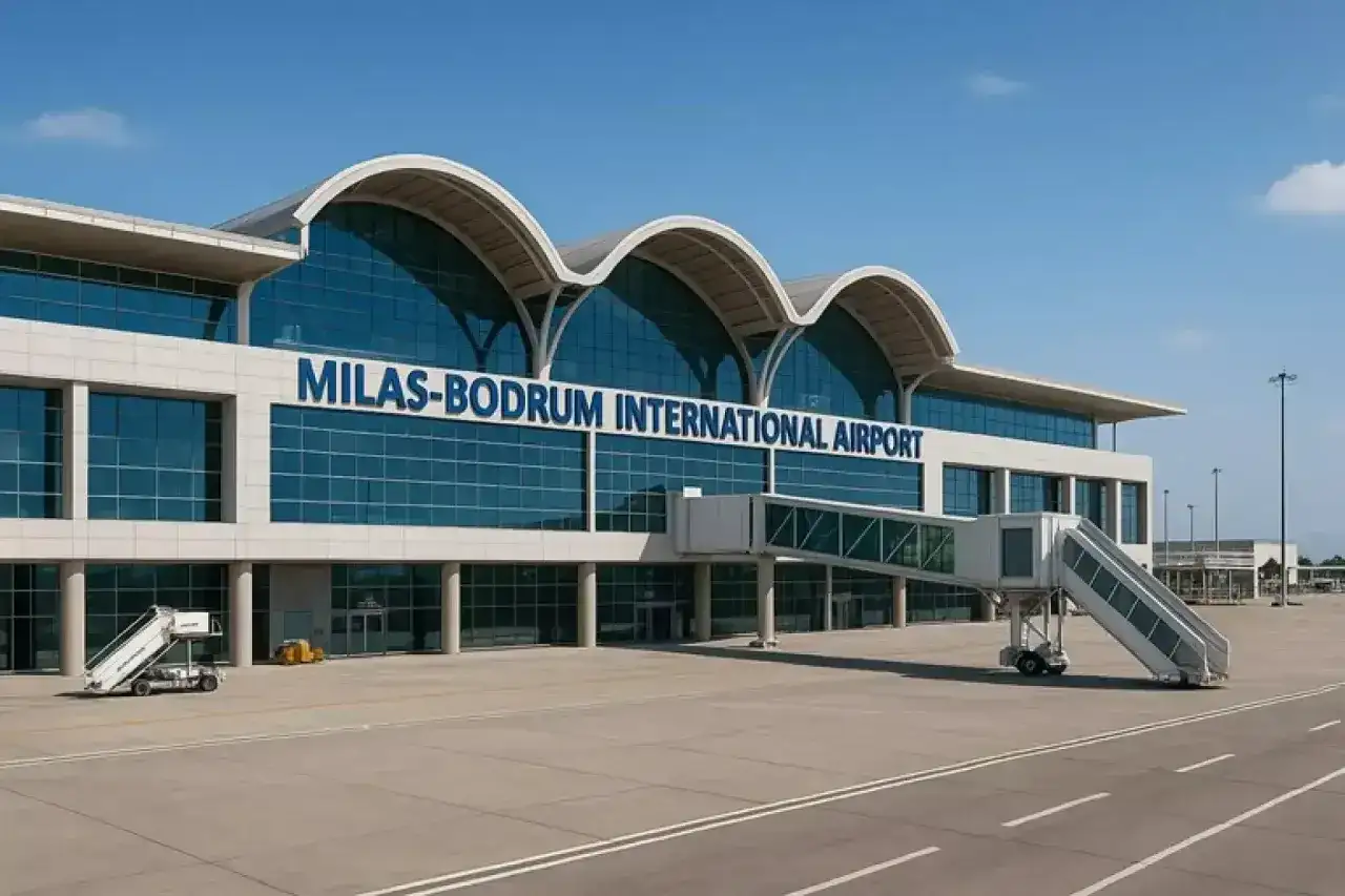 Nowoczesny budynek lotniska Milas-Bodrum International Airport z niebieskimi oknami i falistym dachem.