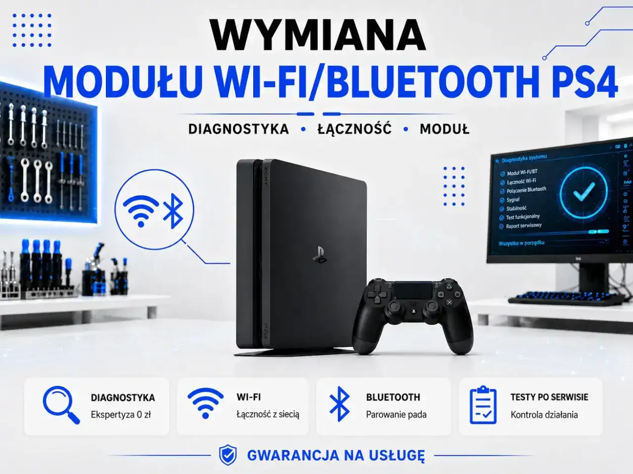 Konsola PS4 z kontrolerem, komputer z diagnostyką systemu. Wymiana modułu Wi-Fi/Bluetooth. Ta sieć Wi-Fi używa starszego standardu zabezpieczeń.