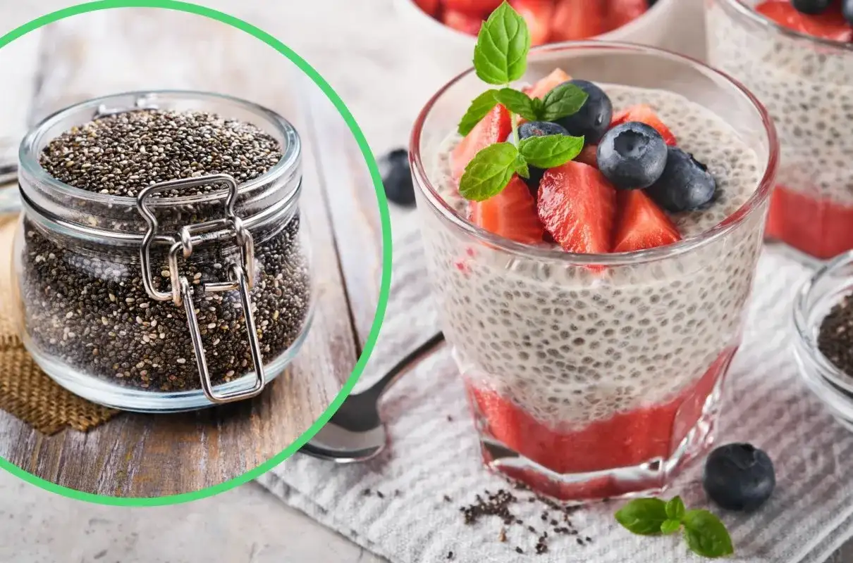 Nasiona chia w słoiku i deser chia z owocami. Zastanawiasz się, dlaczego pudding chia nie gęstnieje? Kluczowe są proporcje nasion i płynu.