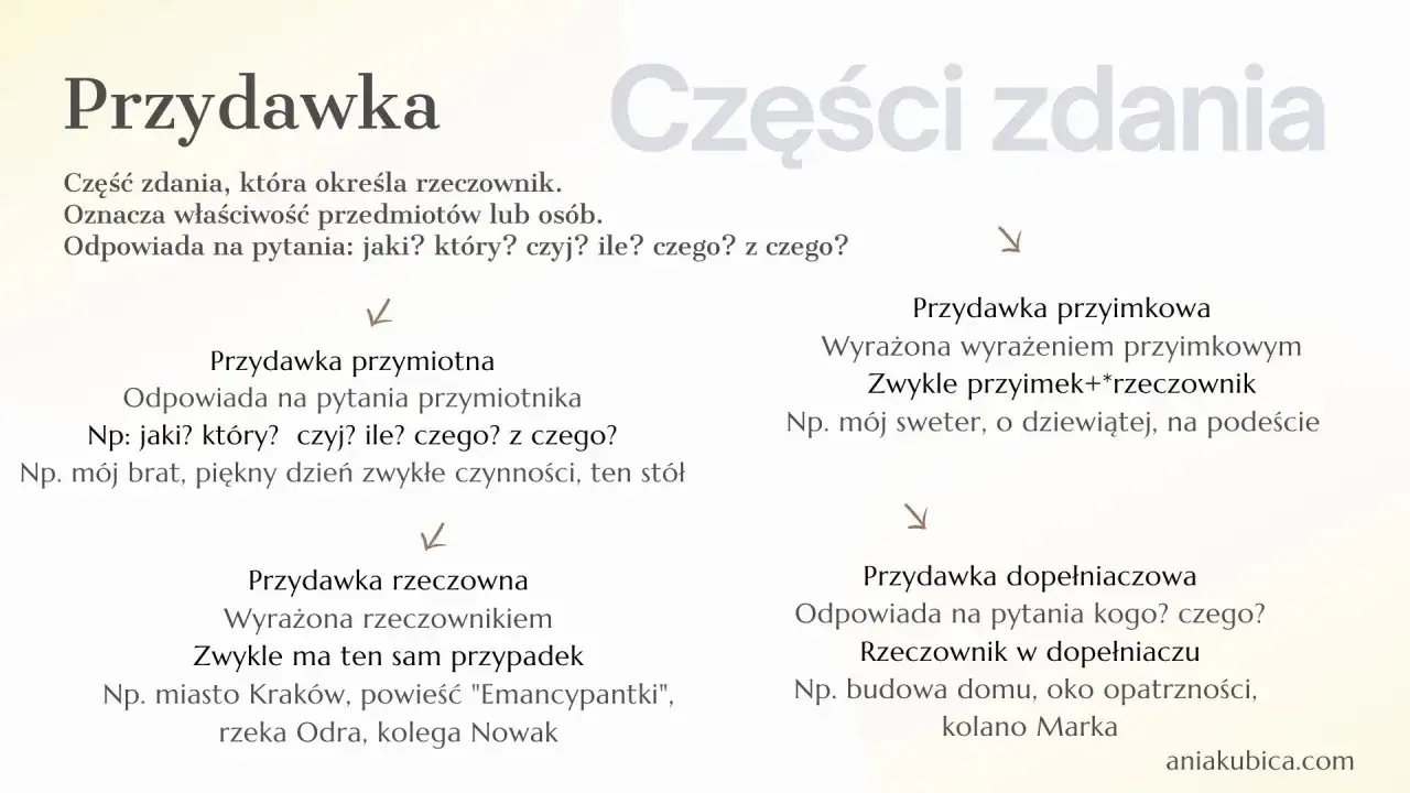 Diagram z definicją i rodzajami przydawki: przymiotna, rzeczowna, przyimkowa, dopełniaczowa.